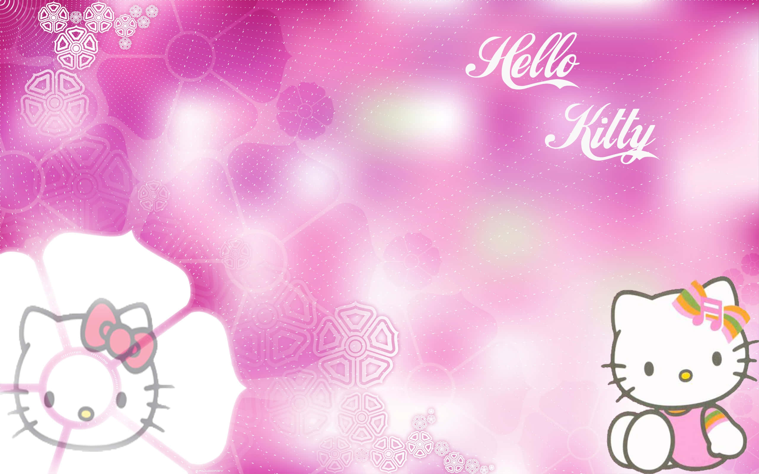 Hello Kitty 桌布 壁紙 — 粉紅色和白色的Hello Kitty，帶有花卉圖案和閃光，在夢幻的漸變背景上。