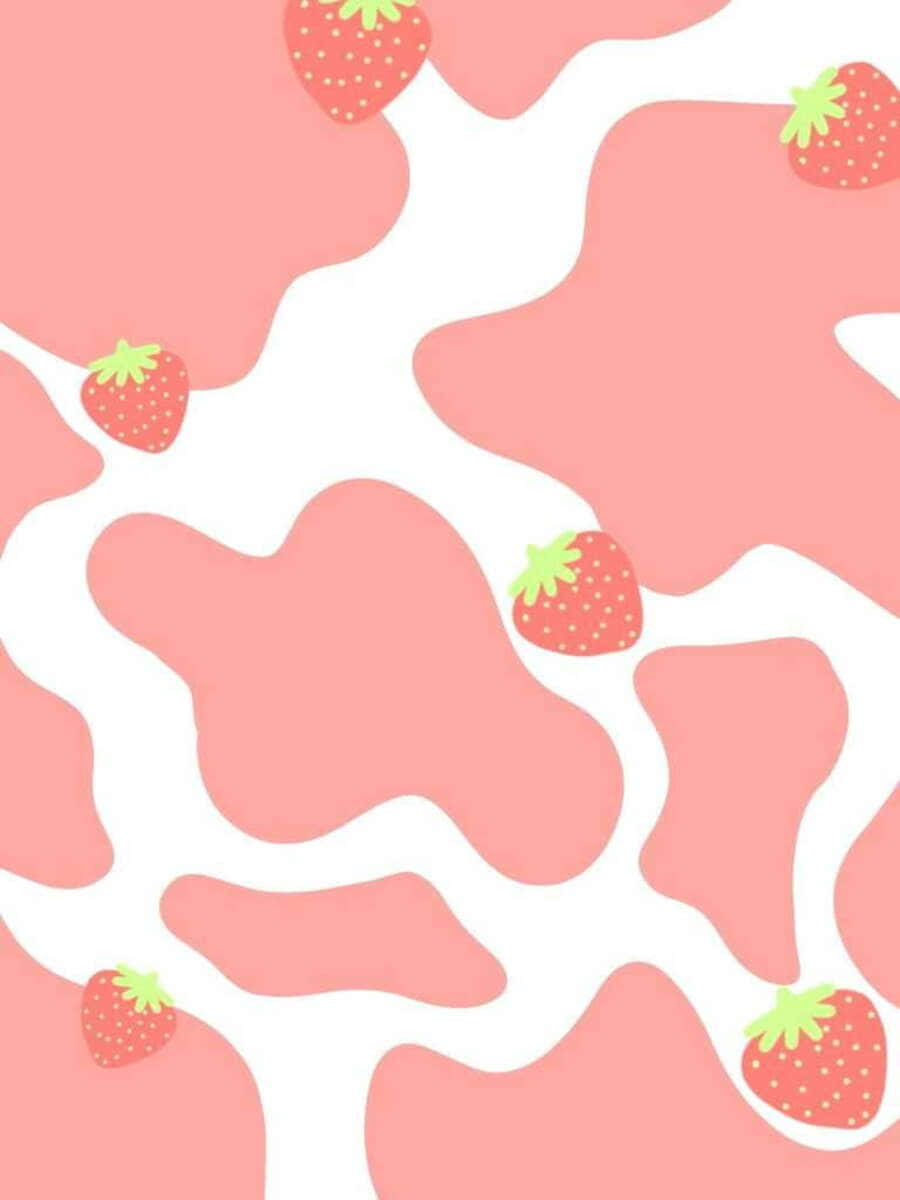 Kawaii Strawberry Cow 桌布 壁紙 — 粉紅色和白色的抽象漩渦，點綴著卡通草莓，形成一個俏皮的圖案。