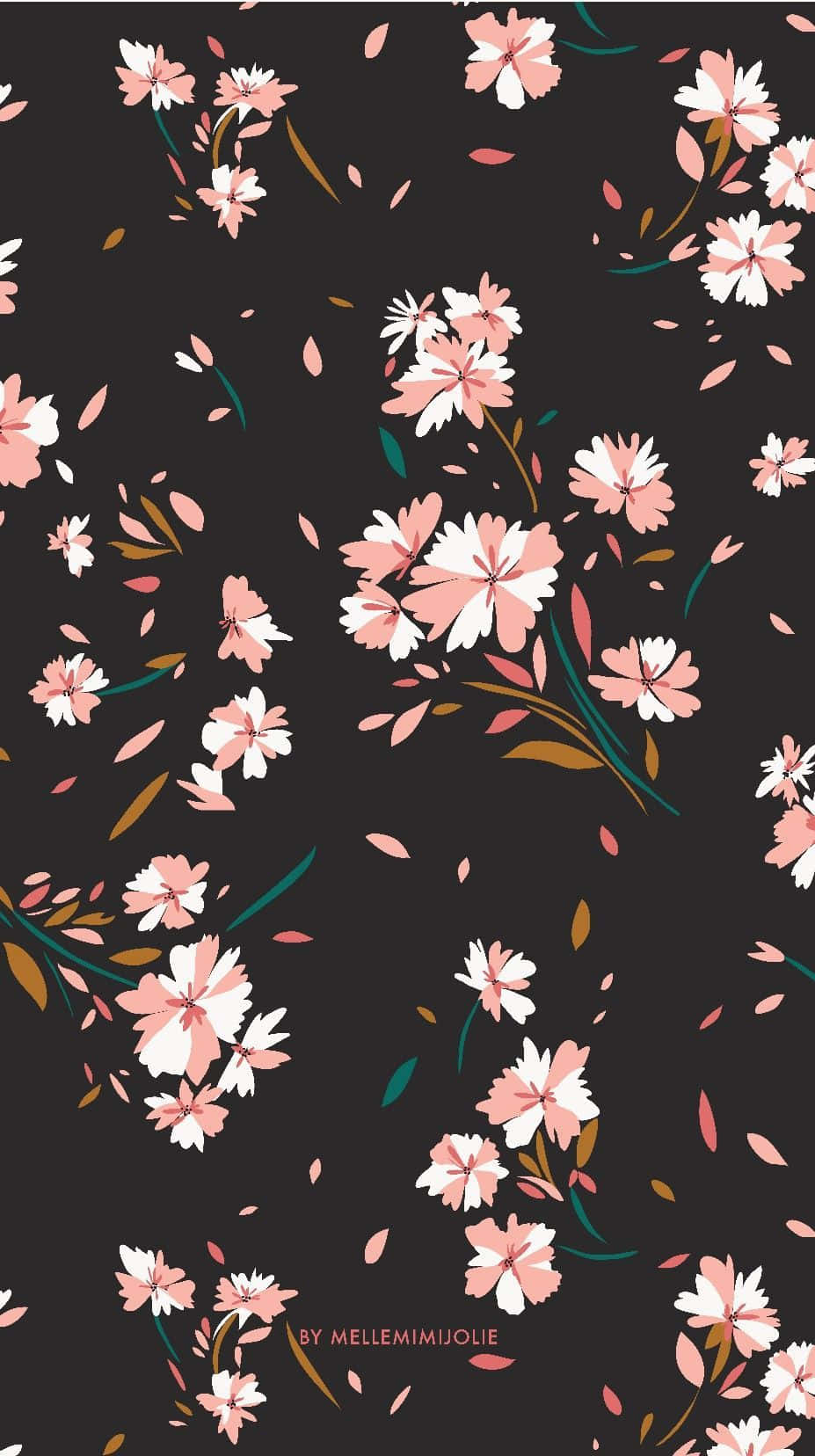 Dark Cherry Blossom 桌布 壁紙 — 粉紅色和白色的櫻花帶有綠色莖，在深炭灰色背景上優雅地飄浮。