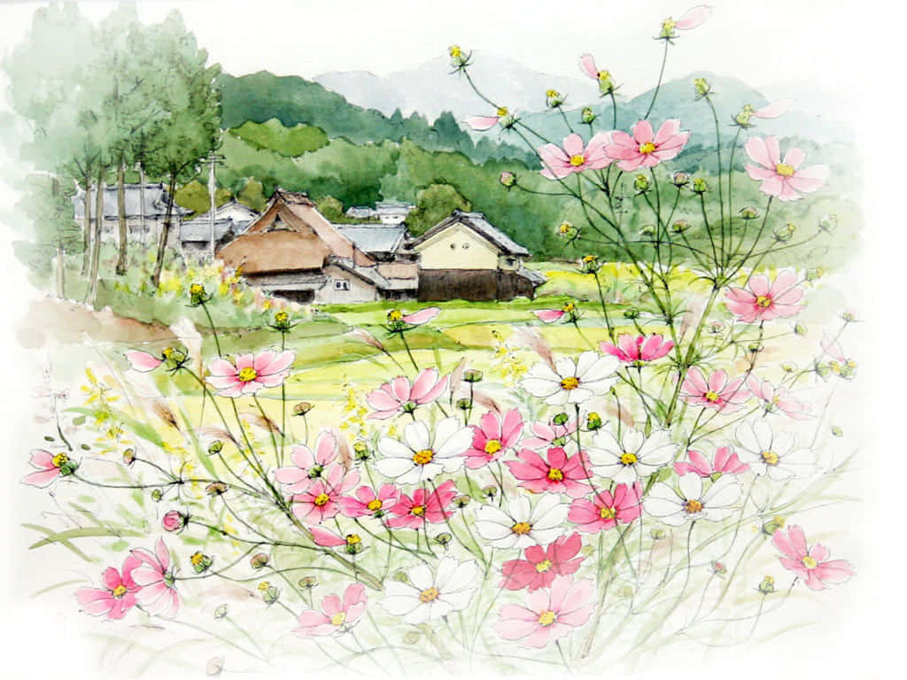 藝術 桌布 壁紙 — 粉紅色和白色的波斯菊在前景盛開，傳統日本房屋和綠色山脈在柔和的水彩背景中。