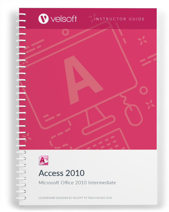 microsoft 桌布 壁紙 — 粉紅色和白色的螺旋裝訂 Microsoft Access 2010 講師指南，帶有大「A」圖示和電腦周邊設備。
