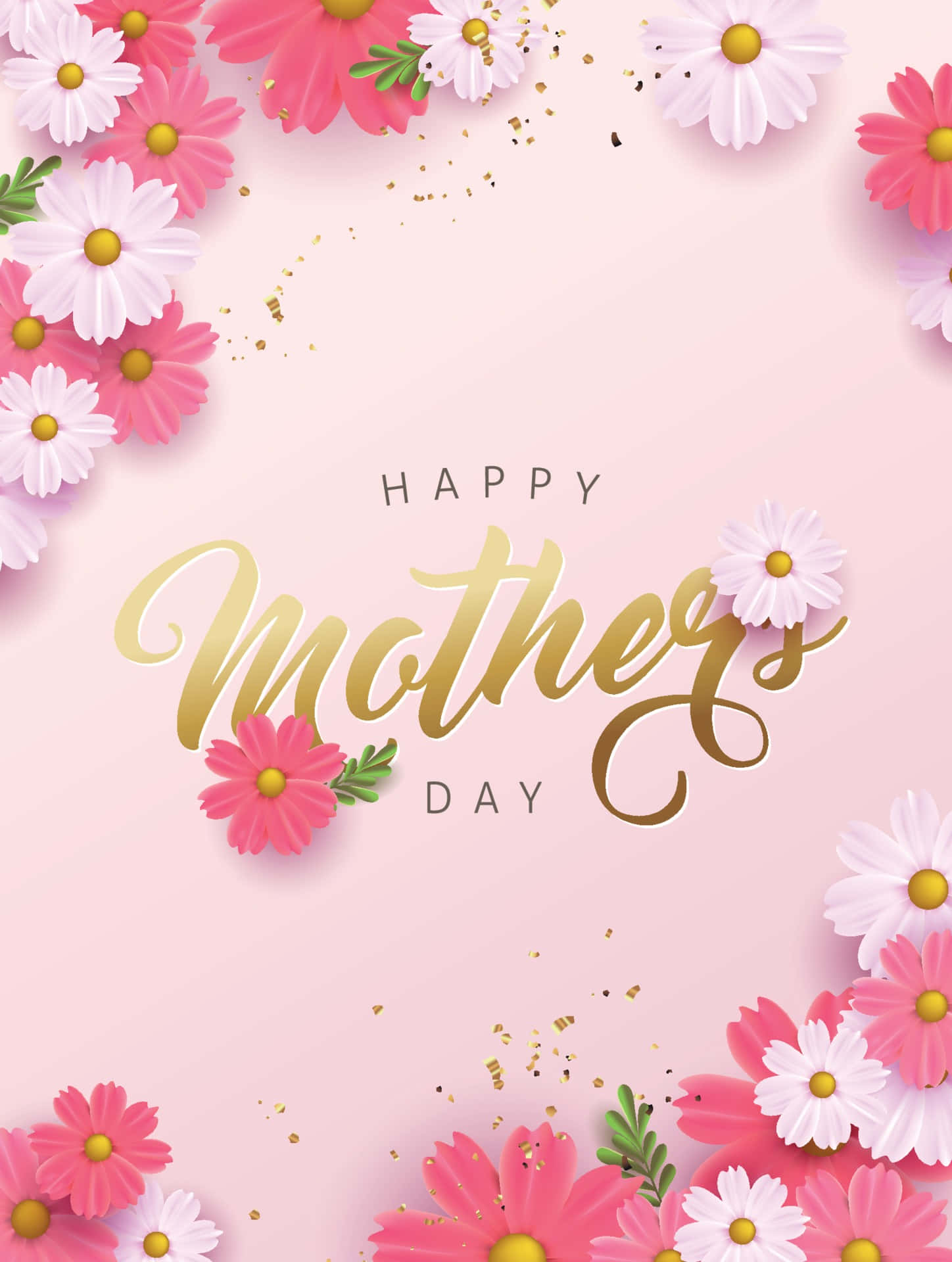 Mothers Day 桌布 壁紙 — 粉紅色和白色的雛菊圍繞著金色 'Happy Mothers Day' 文字，背景是柔和的粉紅色，帶有閃粉裝飾。