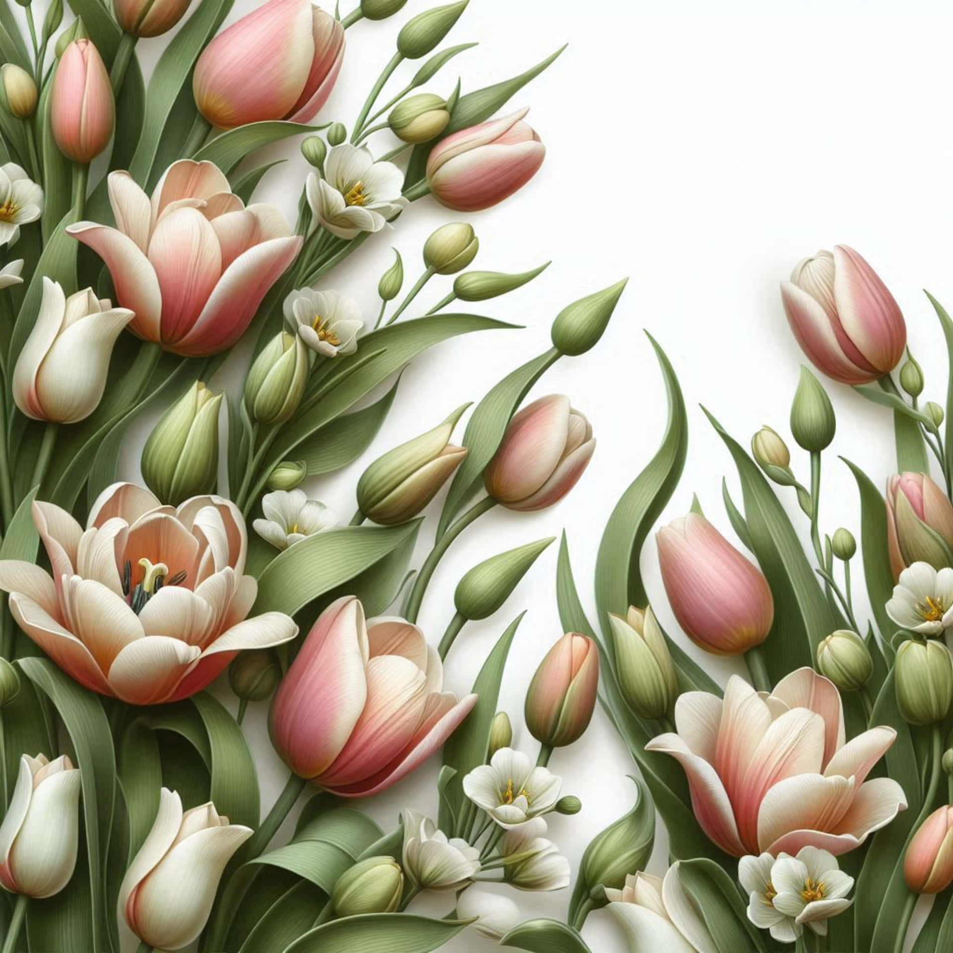 Tulips 壁紙 — 粉紅色和白色鬱金香的茂盛佈置，帶有綠色莖和小白花，在乾淨的白色背景上。