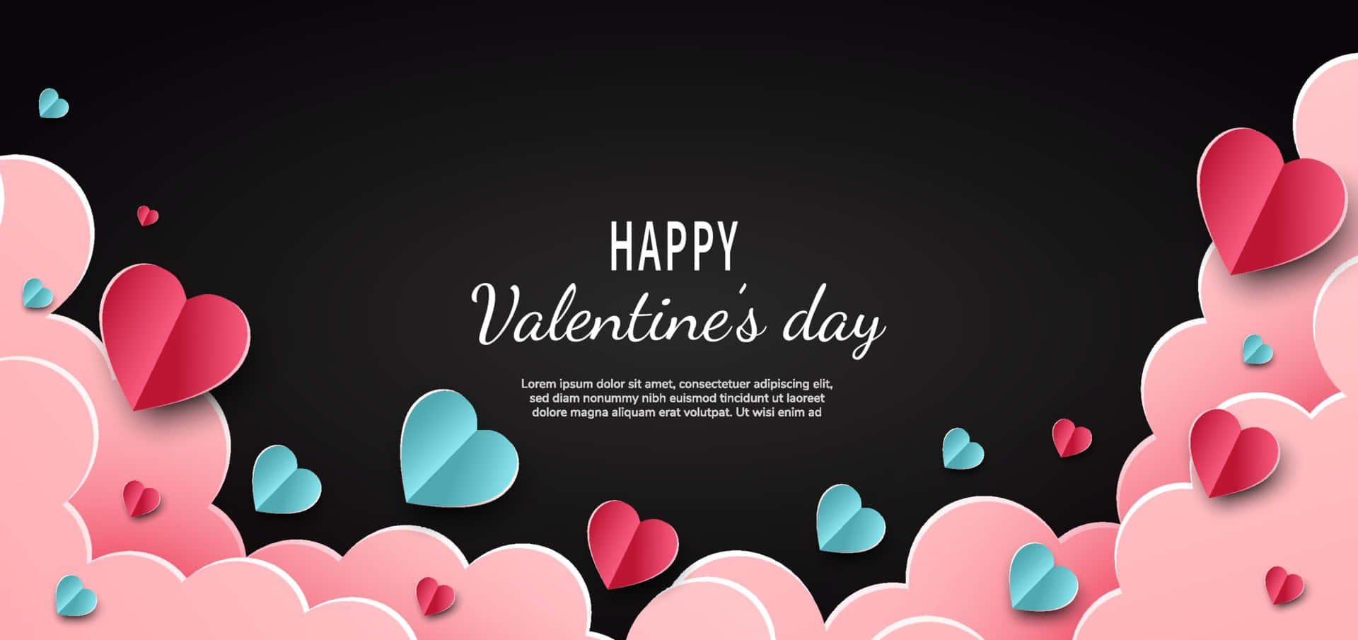 valentine 桌布 壁紙 — 粉紅色和紅色的紙愛心在黑色背景周圍漂浮，帶有'Happy Valentine's Day'文字。