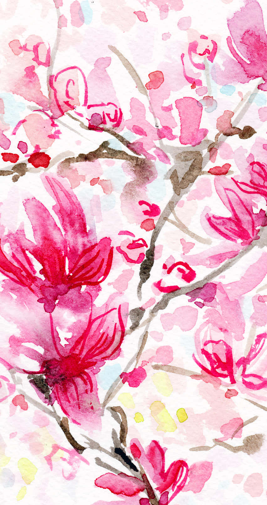Pink Watercolor 桌布 壁紙 — 粉紅色和紅色色調的鮮豔水彩花朵在柔軟的白色背景上綻放於纖細的枝條上。