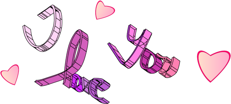 Romance 桌布 壁紙 — 粉紅色和紫色的3D絲帶字母拼出「I Love You」，在黑色背景上漂浮，帶有發光的心形。