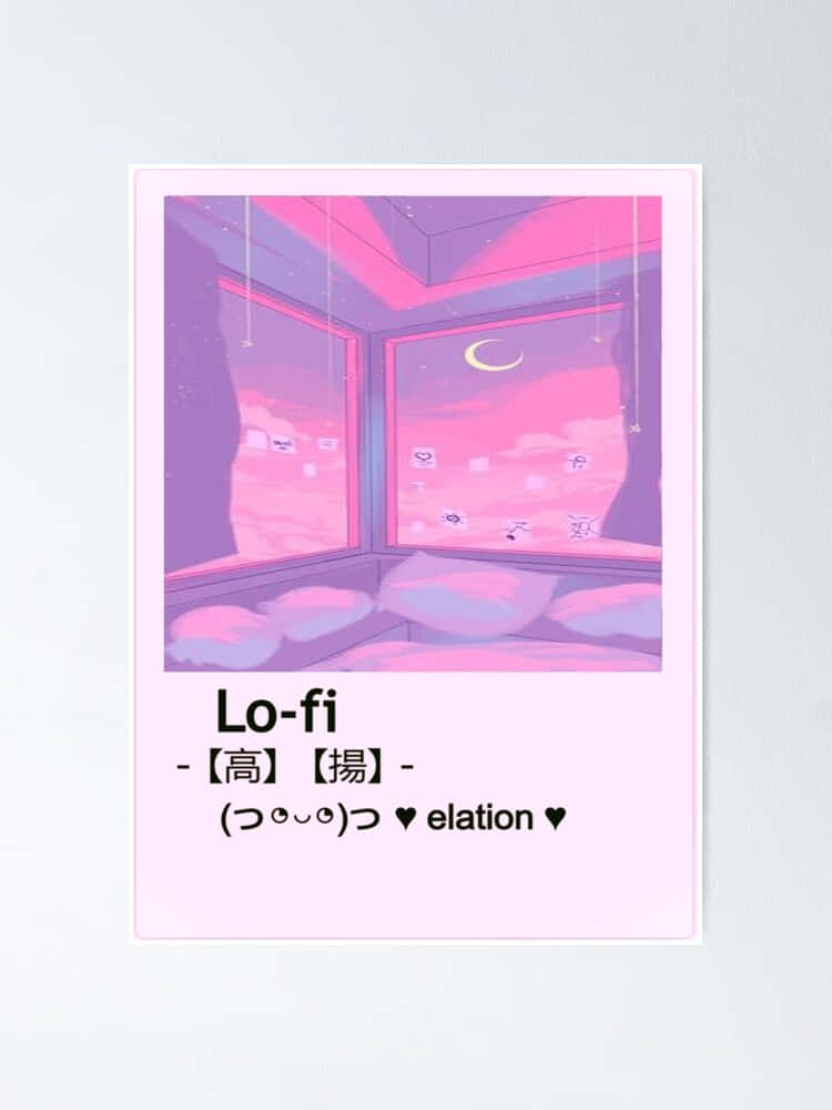 Lofi Anime 桌布 壁紙 — 粉紅色和紫色的動漫風格房間，透過窗戶可見新月。