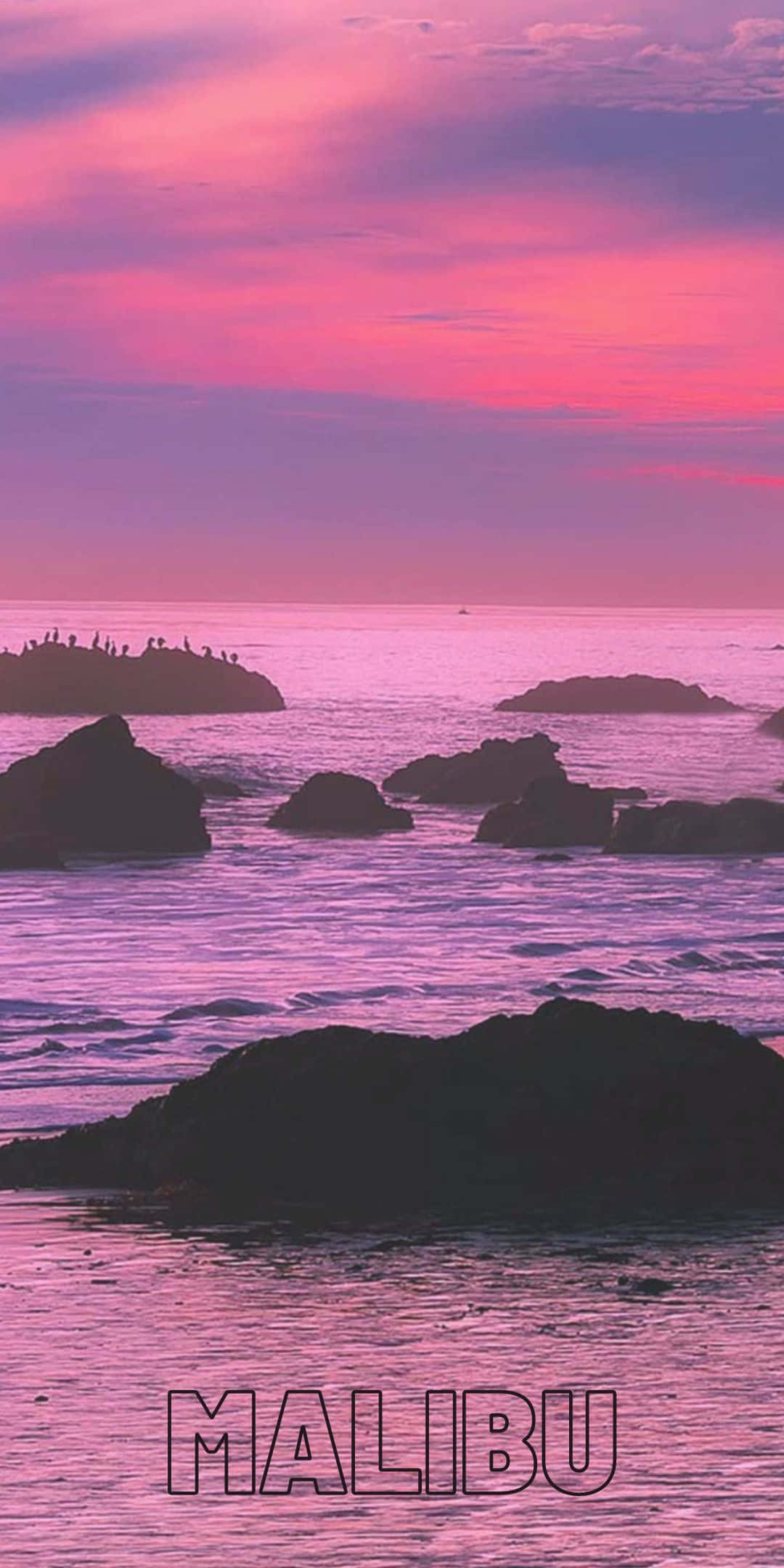 Beach Sunset HD 桌布 壁紙 — 粉紅色和紫色的日落，海洋岩石上有鳥類剪影，底部有「MALIBU」文字。