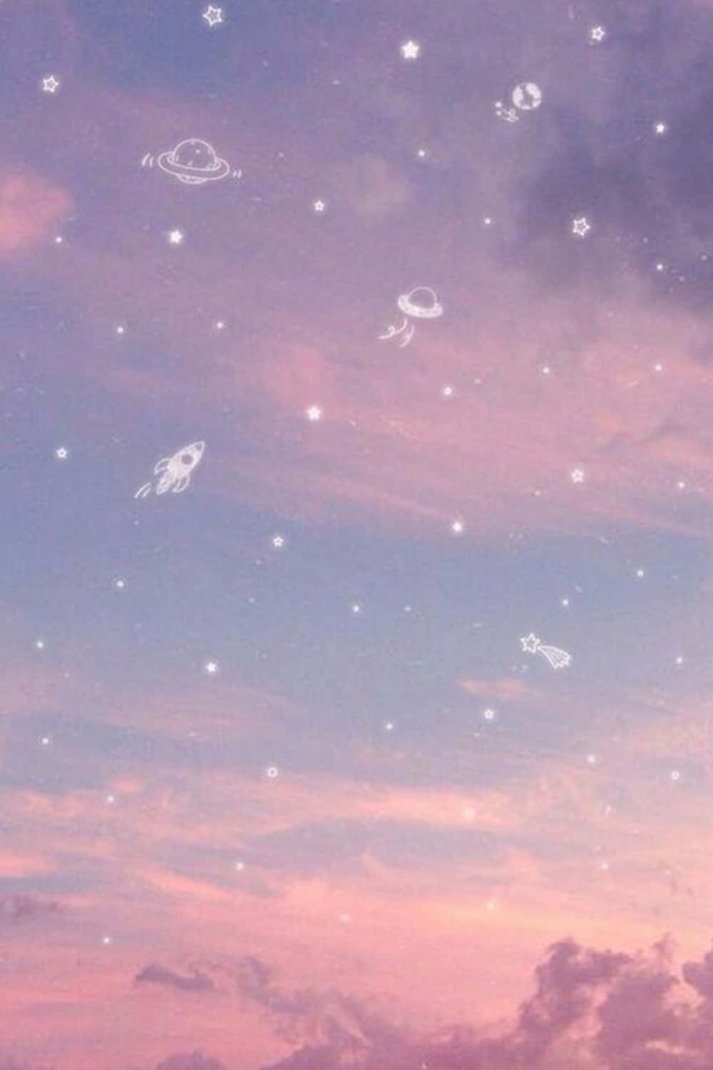 Cute Aesthetic iPad 桌布 壁紙 — 粉紅色和紫色的粉彩天空，點綴著白色星星和奇特的太空塗鴉，如火箭和行星。