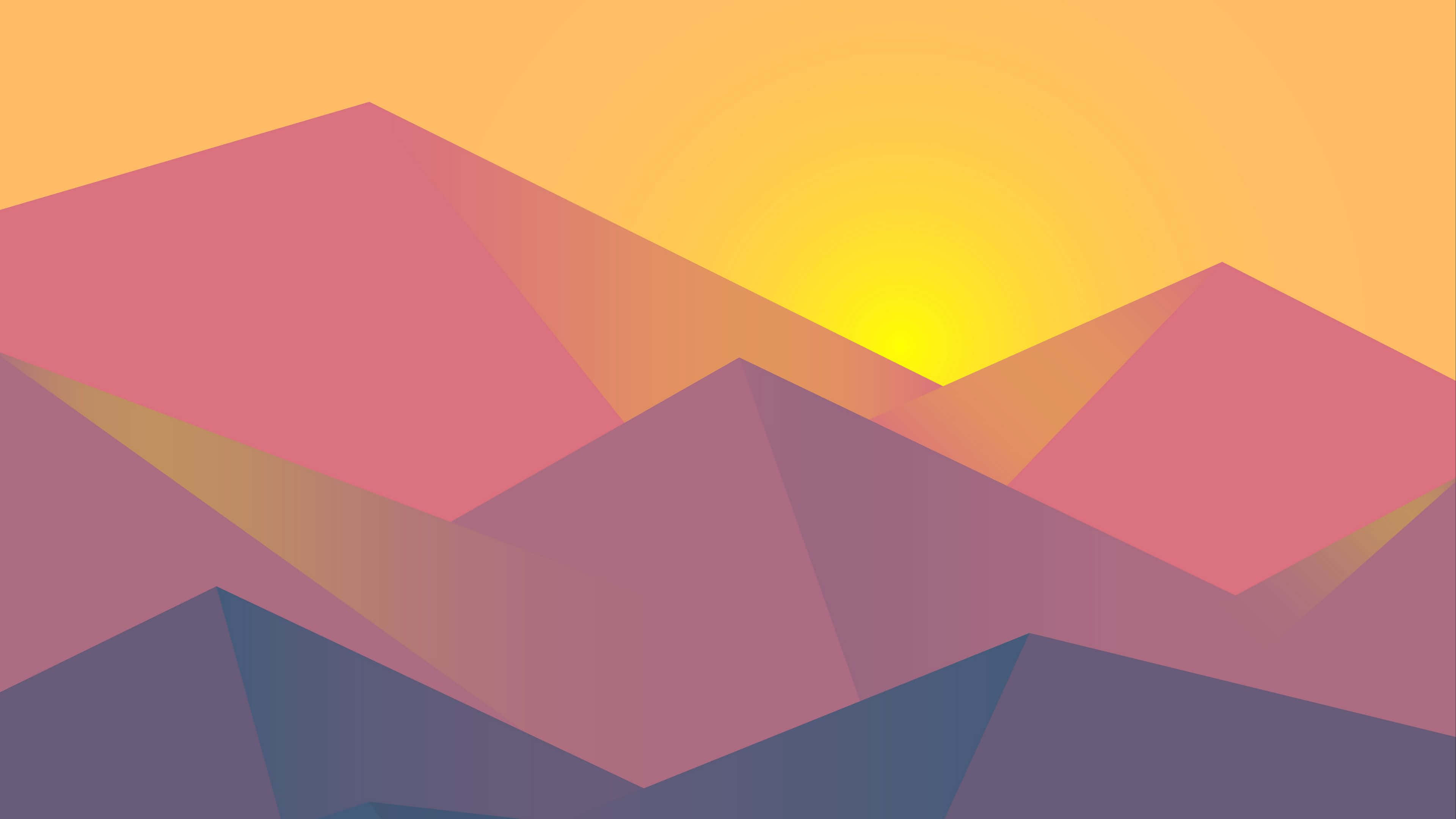 Minimalist HD Geometric Desktop 桌布 壁紙 — 粉紅色和紫色色調的幾何山峰在溫暖的橙色日落天空下升起。
