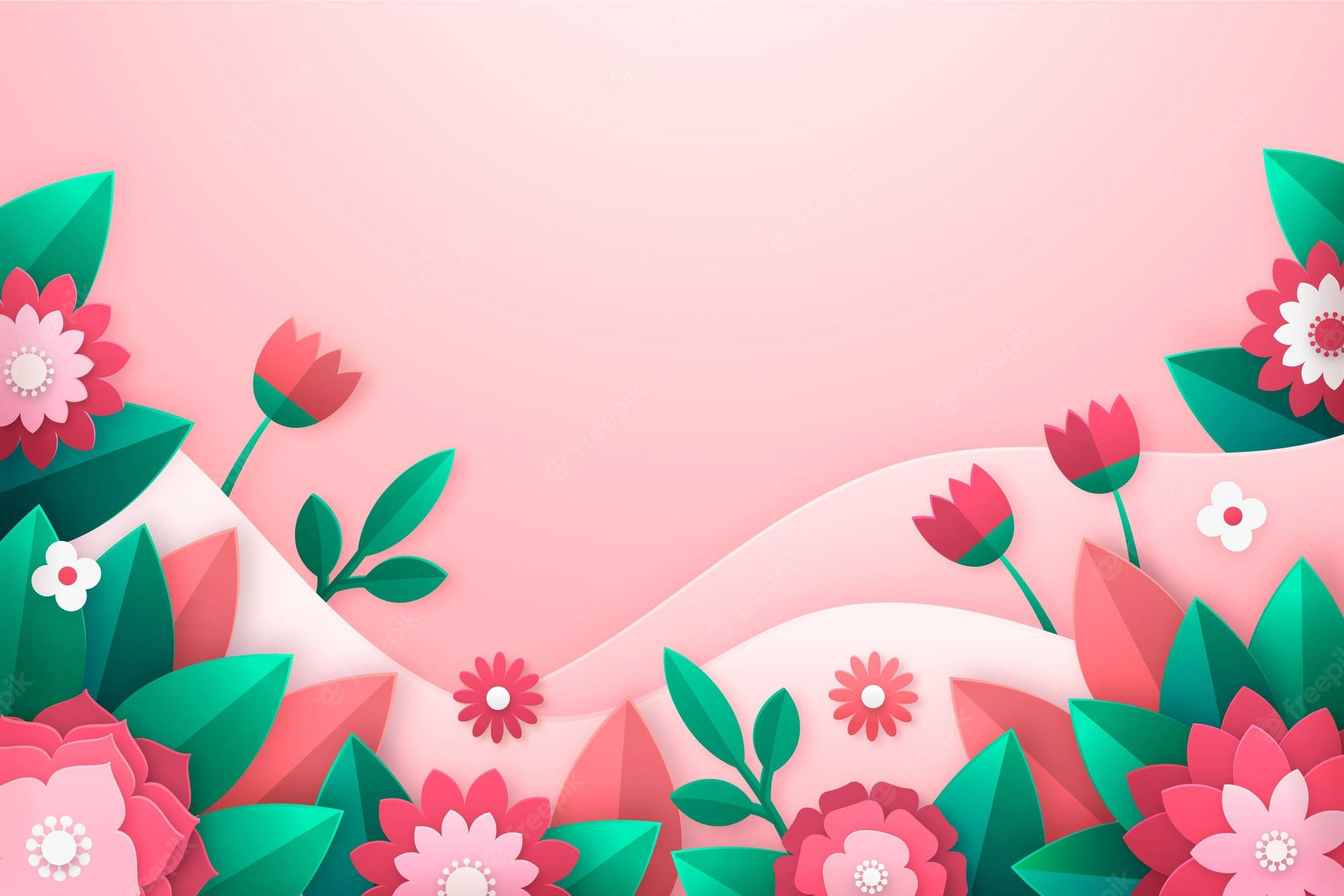 origami 桌布 壁紙 — 粉紅色和綠色的剪紙花朵和葉子在柔和的粉紅色背景上形成裝飾邊框。