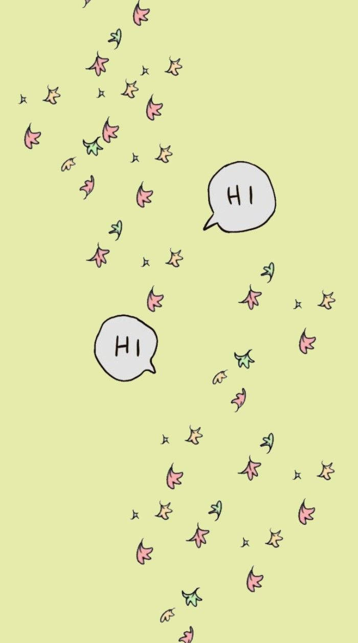 Greetings 桌布 壁紙 — 粉紅色和綠色的葉狀形狀漂浮向上，旁邊有兩個帶有「HI」字樣的對話框，背景為淡黃色。