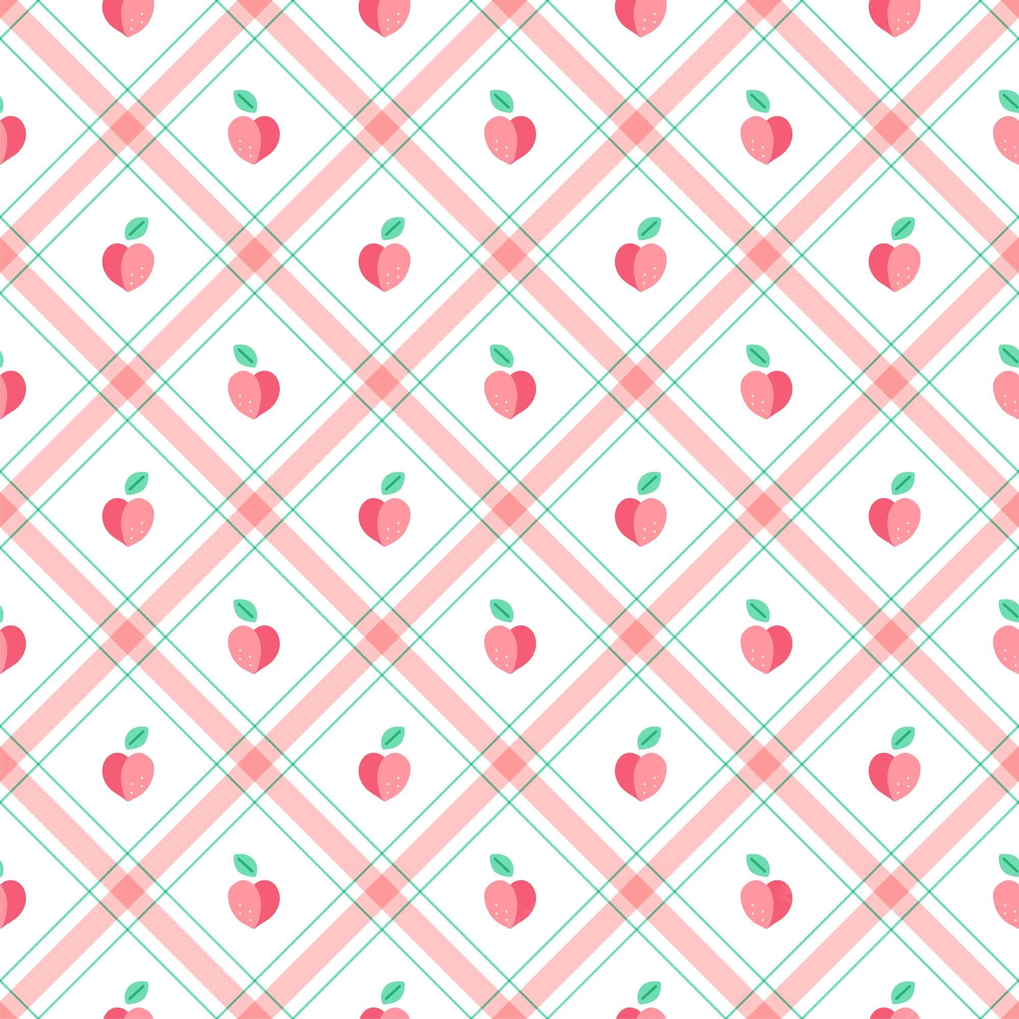 Cute Peach 桌布 壁紙 — 粉紅色和薄荷綠色斜紋格子圖案，帶有重複的可愛蘋果圖標，背景為白色。