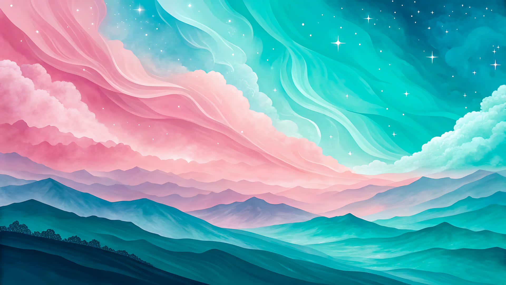 Dreamy pink clouds and teal mountains landscape illustration with stars 壁紙 — 粉紅色和藍綠色的極光在層疊的山脈上空盤旋，星空璀璨。