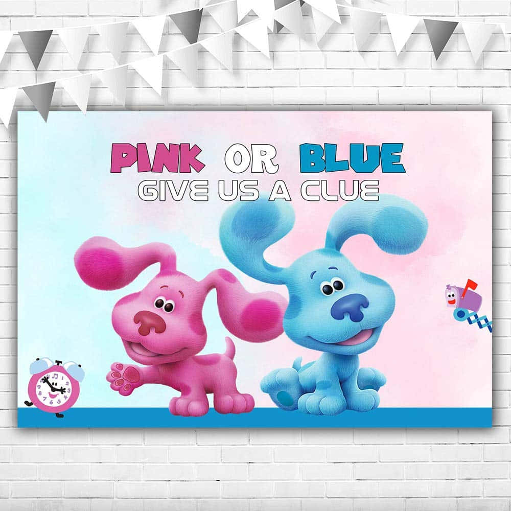 blue's clues 桌布 壁紙 — 粉紅色和藍色卡通小狗在性別揭曉橫幅上愉快地擺姿勢，背景是白色磚牆和節日彩旗。