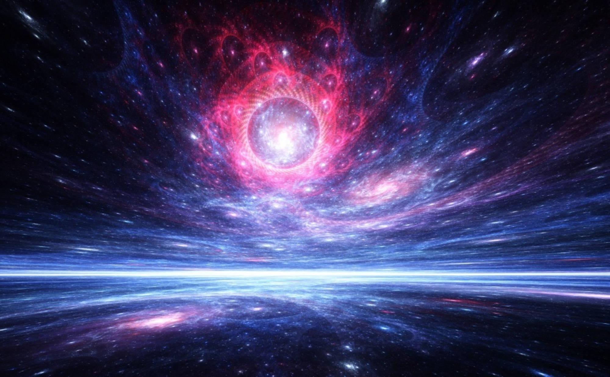 多重宇宙 桌布 壁紙 — 粉紅色和藍色星雲的宇宙漩渦圍繞著發光的中心球體旋轉，背景是星空。