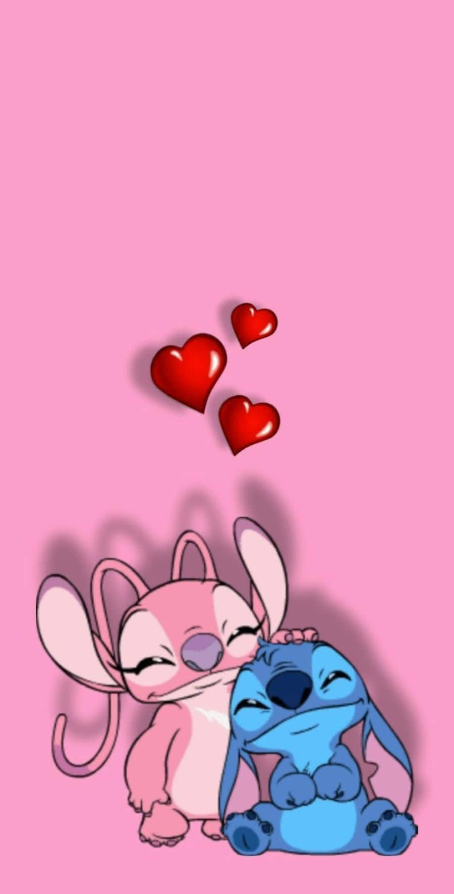 Love Stitch And Angel 桌布 壁紙 — 粉紅色和藍色的史迪奇角色在純粉紅色背景上依偎，上方漂浮著愛心。