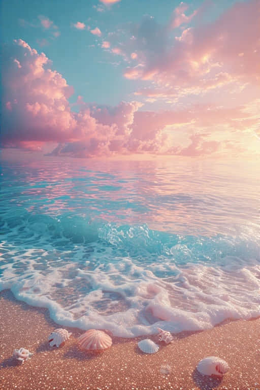 Dreamy Ocean Sunset with Gentle Waves and Seashells 壁紙 — 粉紅色和藍色的日落海浪輕輕拍打佈滿貝殼的沙灘。