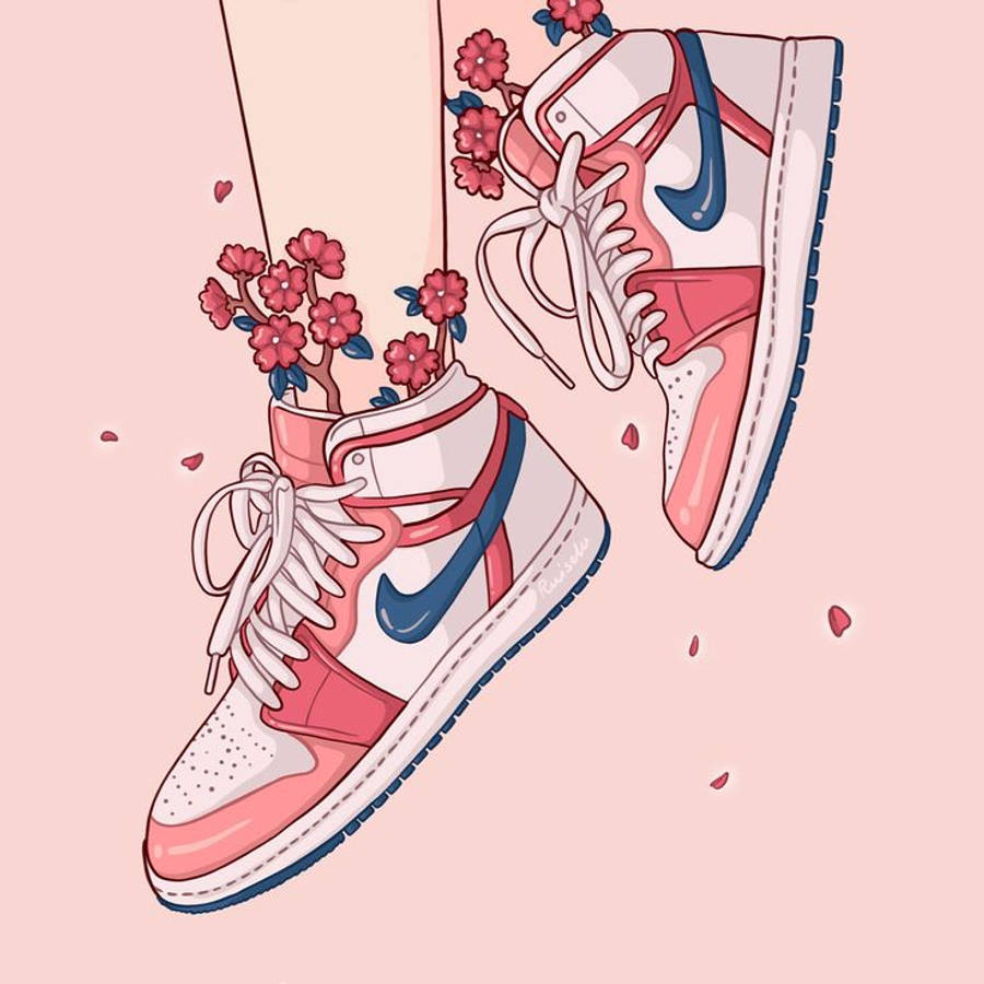 nike girl 桌布 壁紙 — 粉紅色和藍色運動鞋，頂部長出櫻花枝條，襯以柔和粉紅色背景。