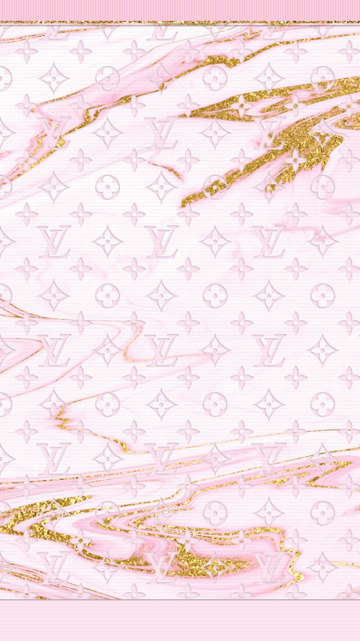 Louis Vuitton iPhone 桌布 壁紙 — 粉紅色和金色大理石漩渦覆蓋在柔和的粉紅色背景上，帶有微妙的 Louis Vuitton 字母組合圖案。