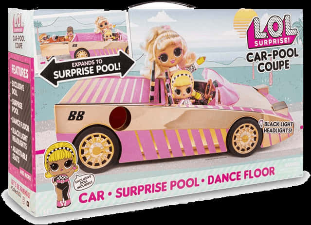 LOL Surprise 桌布 壁紙 — 粉紅色和金色的LOL Surprise! Car-Pool Coupe玩具，裡面有公仔，可變身成附有舞池的驚喜泳池。