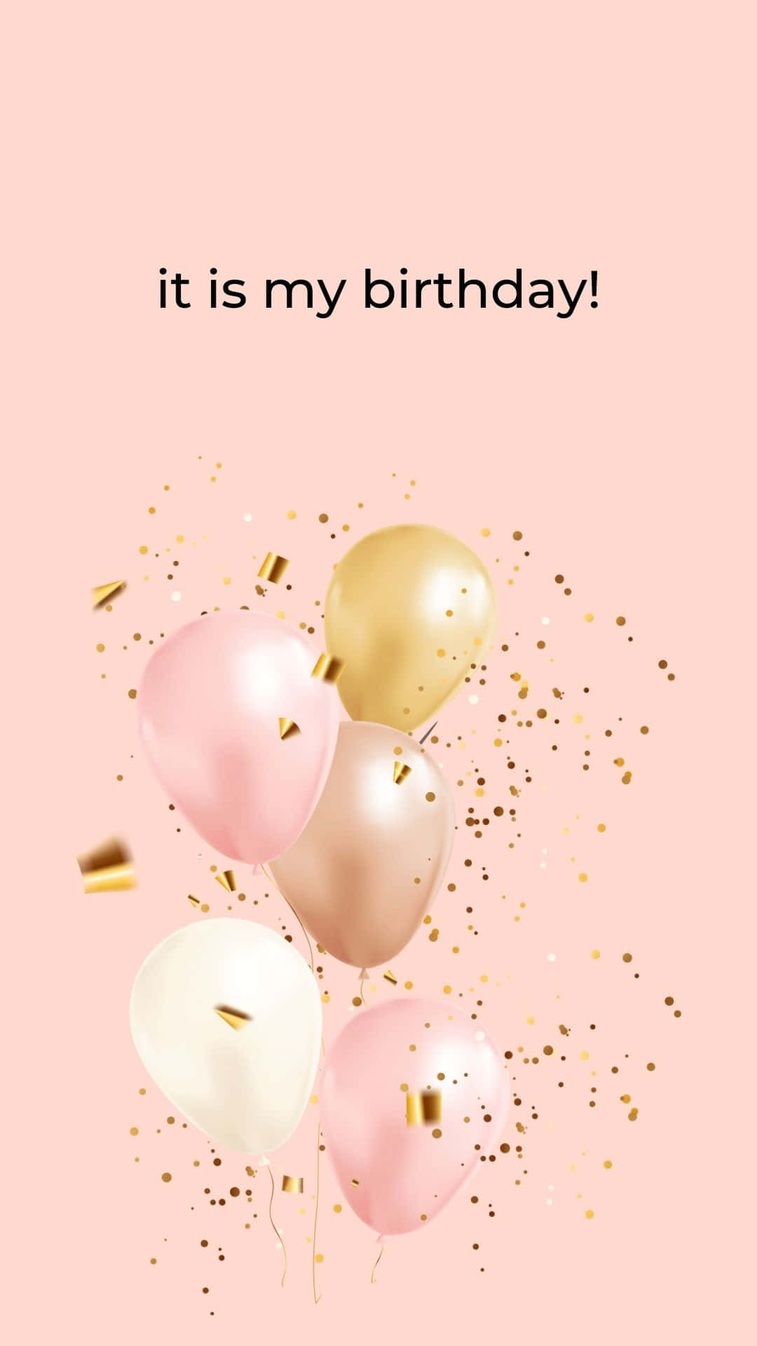 Birthday 桌布 壁紙 — 粉紅色和金色的氣球在閃閃發光的五彩紙屑中漂浮，背景是柔和的粉紅色，帶有生日文字。