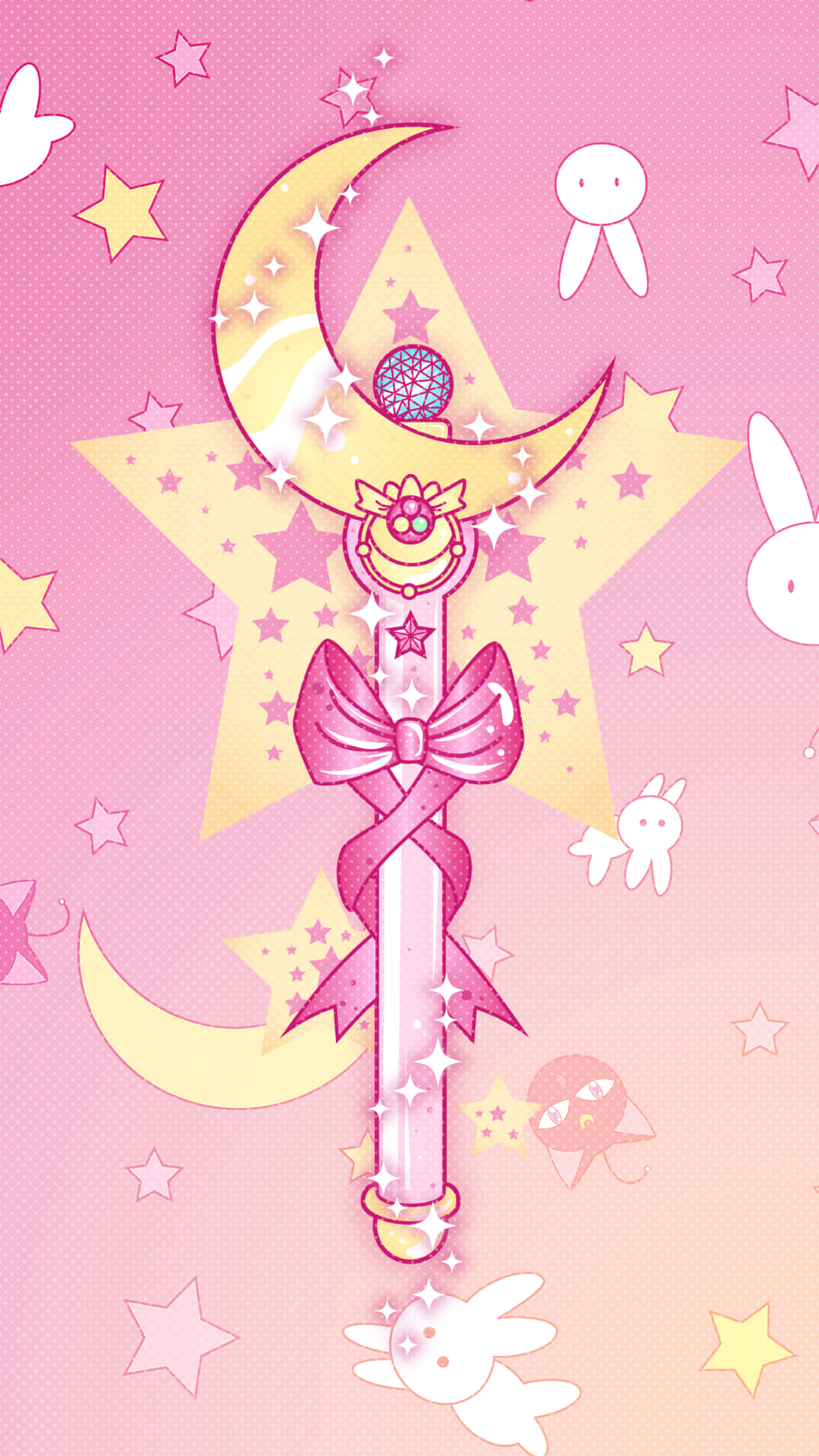Aesthetic Sailor Moon 桌布 壁紙 — 粉紅色和金色的魔法棒，帶有新月和星爆設計，周圍環繞著漂浮的星星和可愛的兔子精靈。