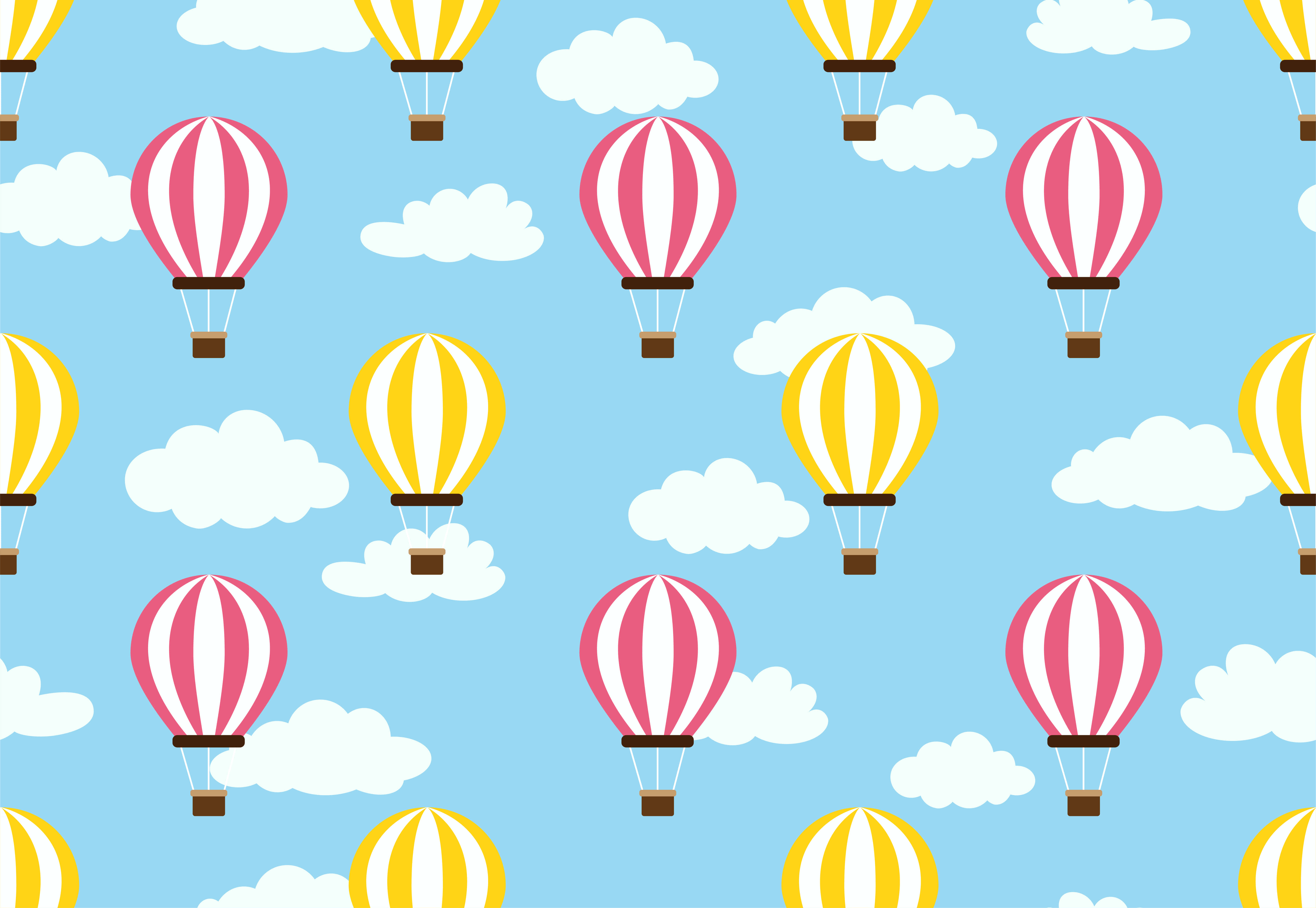 Hot Air Balloon 桌布 壁紙 — 粉紅色和黃色條紋的熱氣球在清澈的藍天中，輕輕漂浮在蓬鬆的白雲之間。