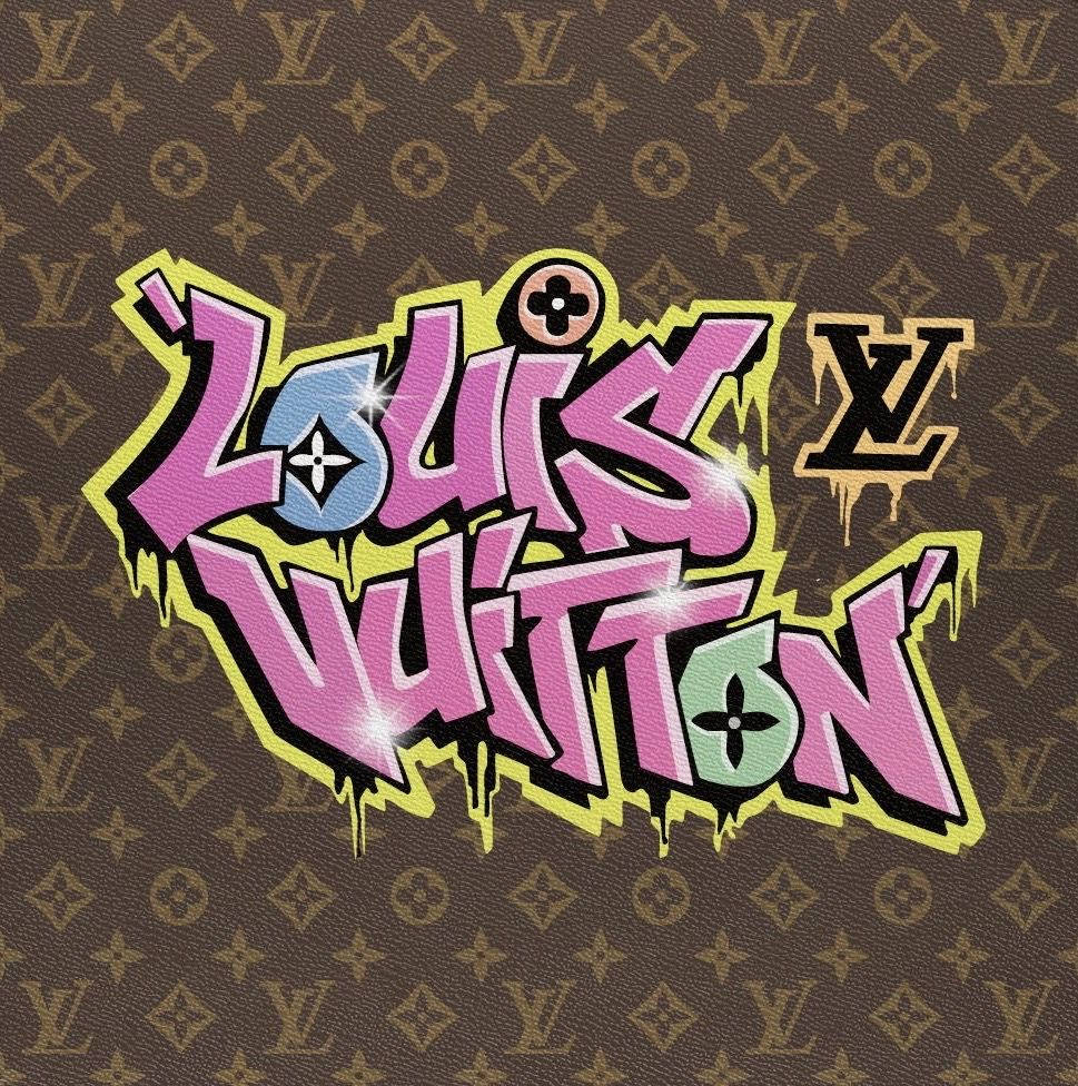 Louis Vuitton Aesthetic 桌布 壁紙 — 粉紅色和黃色滴落的塗鴉風格 Louis Vuitton 標誌，位於經典棕色 monogram 帆布背景上。