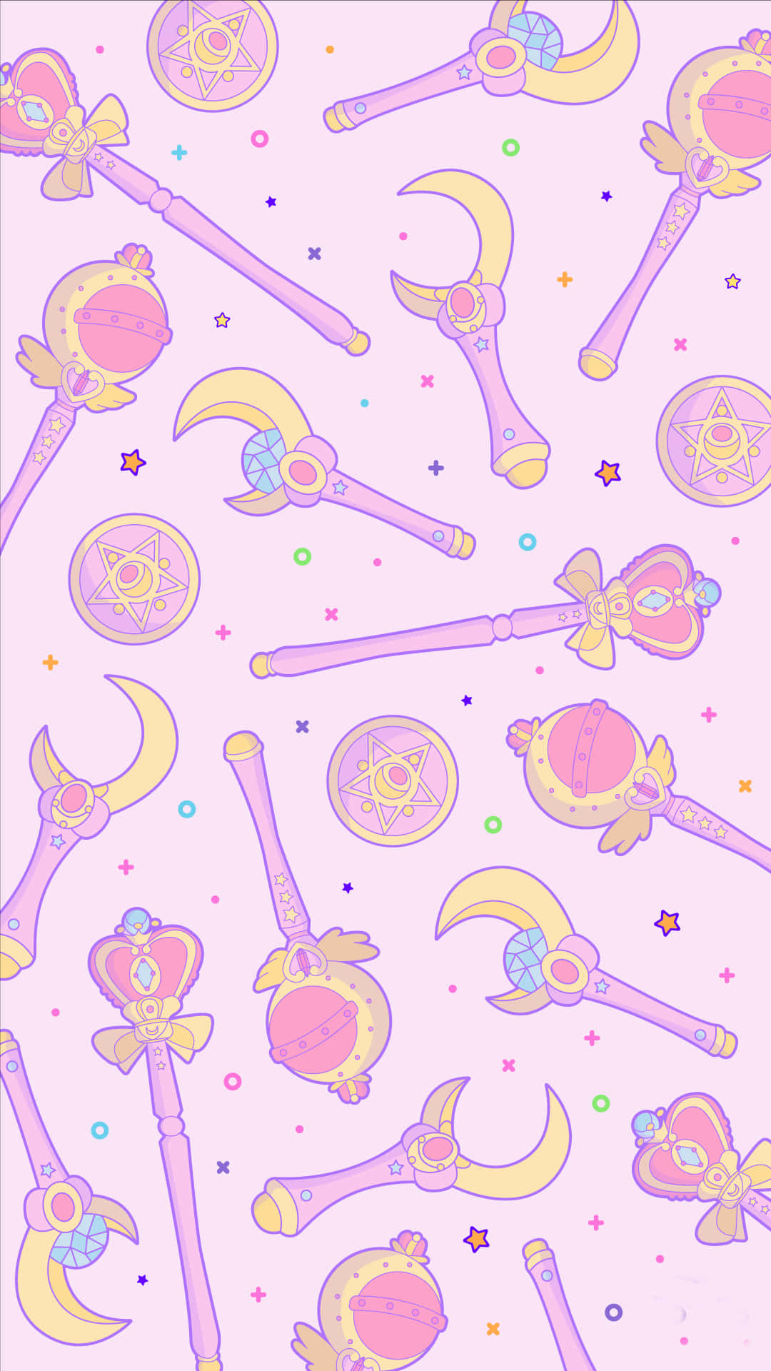 Sailor Moon Pattern 桌布 壁紙 — 粉紅色和黃色的魔法棒和星星圖案在柔和的薰衣草背景上漂浮，形成一個異想天開的動漫圖案。