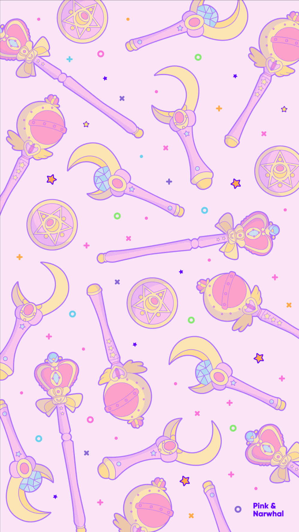 Sailor Moon iPad 桌布 壁紙 — 粉紅色和黃色粉彩魔法棒和星形飾物漂浮在帶有細小彩色圓點的柔和薰衣草背景上。