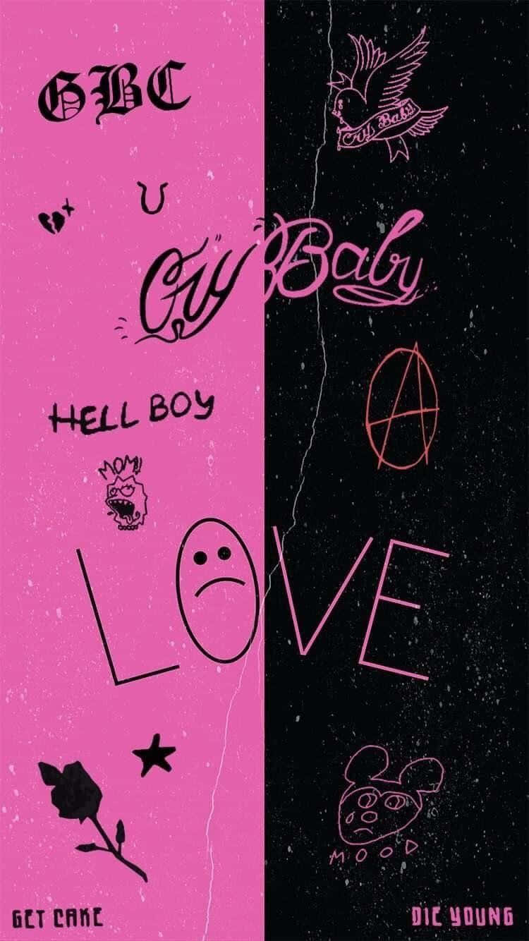 lil peep 動態圖 桌布 壁紙 — 粉紅色和黑色分割的壁紙，帶有塗鴉風格文字和塗鴉，例如悲傷的臉、玫瑰和無政府狀態符號。