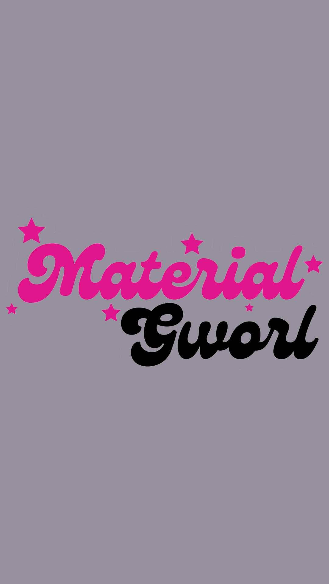 圖形 桌布 壁紙 — 粉紅色和黑色的風格化文字「Material Gworl」，被星星包圍在柔和的灰色背景上。