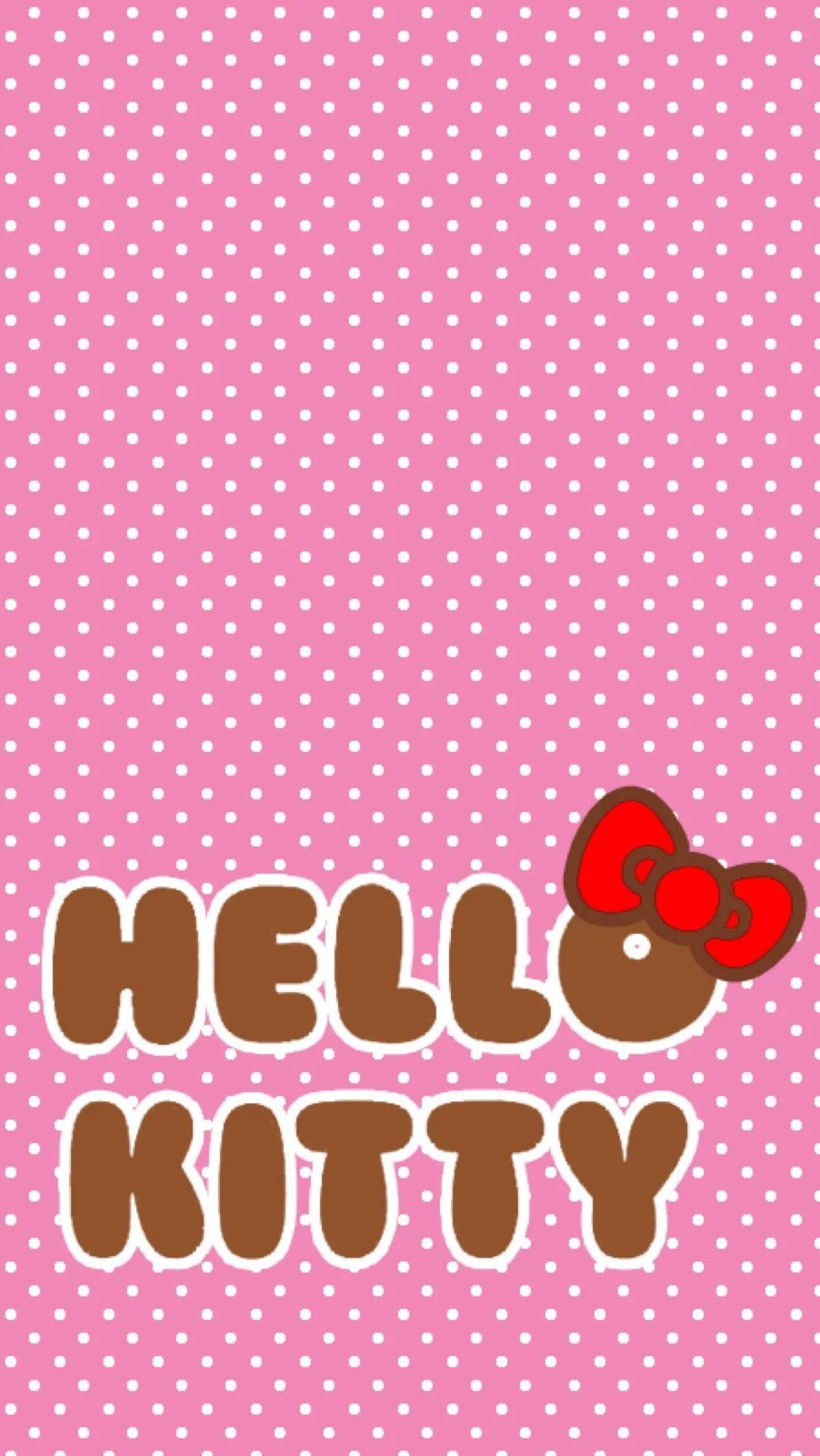 Cute Sanrio 桌布 壁紙 — 粉紅色圓點壁紙，帶有粗體棕色Hello Kitty文字和標誌性紅色蝴蝶結。
