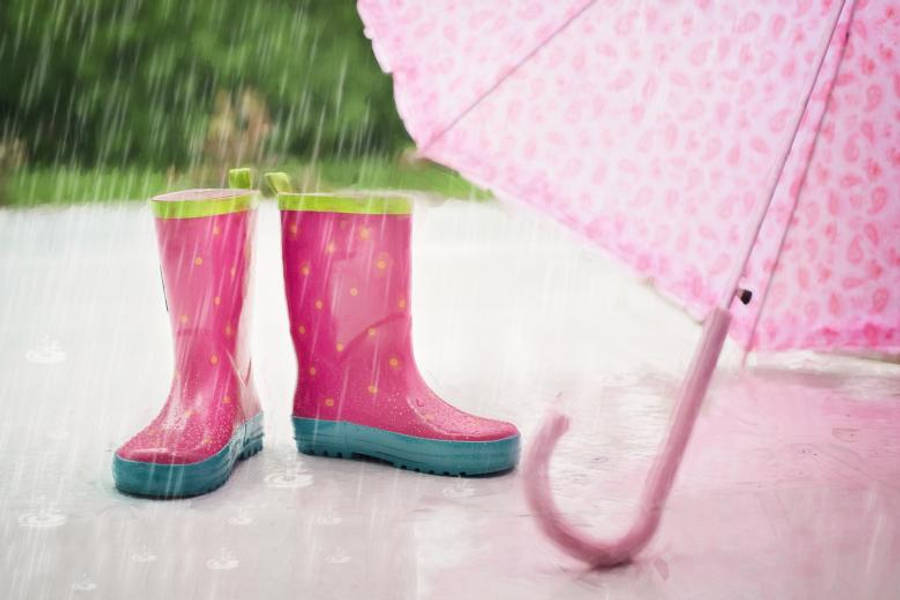 Raining 桌布 壁紙 — 粉紅色圓點雨靴和相配的雨傘站在濕漉漉的柏油路面上，背景是綠草，雨正在下。