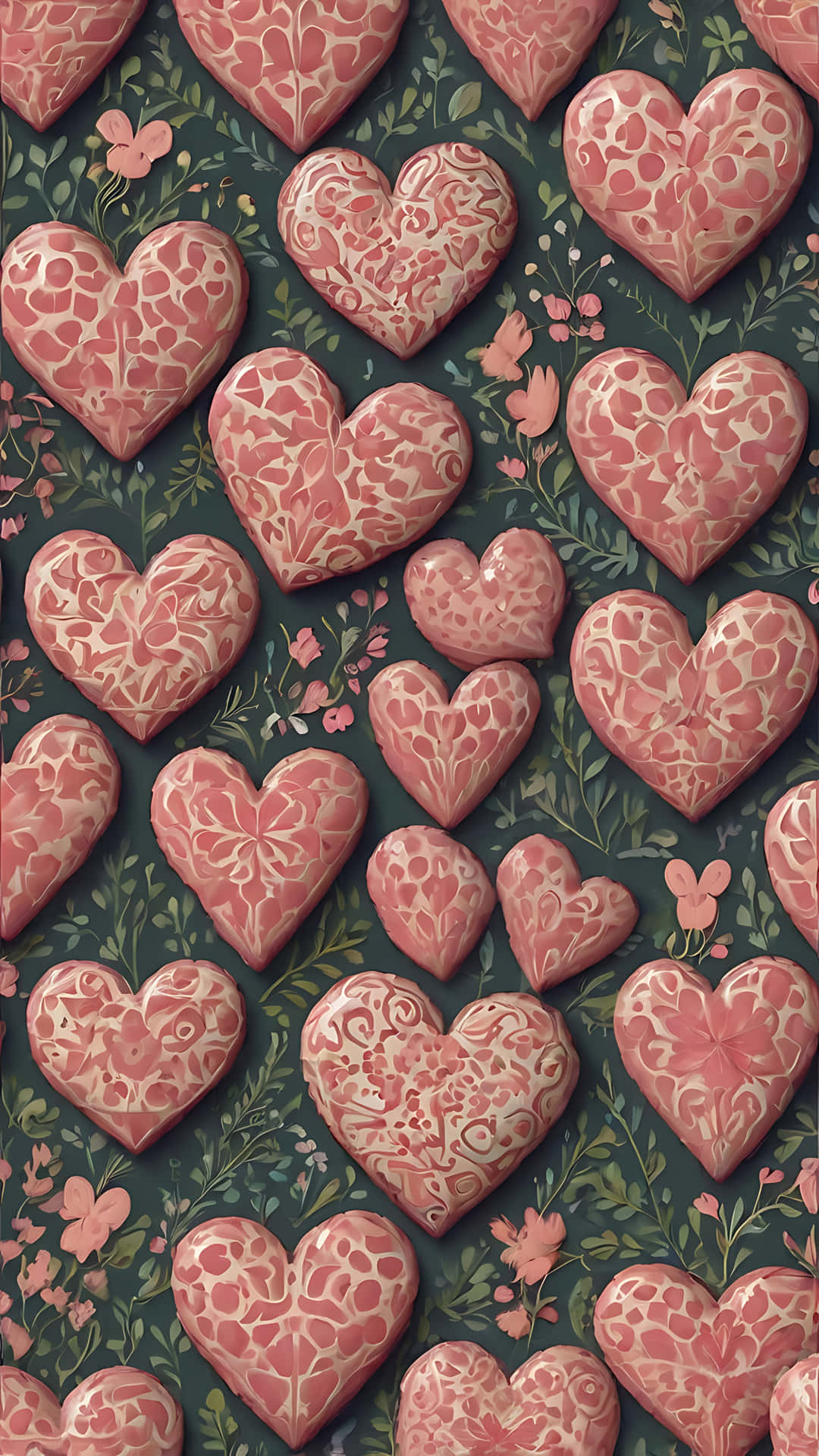 Floral Hearts for Lovebirds. smartphone wallpaper 壁紙 — 粉紅色圖案心形帶有花卉漩渦，漂浮在深青色背景上的綠色藤蔓和小花之間。