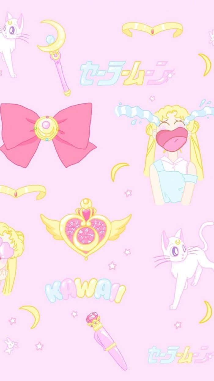Sailor Moon Pattern 桌布 壁紙 — 粉紅色壁紙，上面散落著美少女戰士的圖標，如月亮權杖、弓和貓咪夥伴。