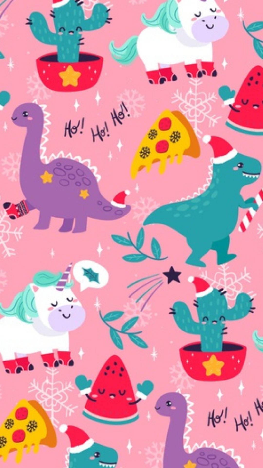 Kawaii Christmas 桌布 壁紙 — 粉紅色壁紙，上面有可愛的卡通恐龍、獨角獸、仙人掌和西瓜，戴著聖誕帽和雪花。