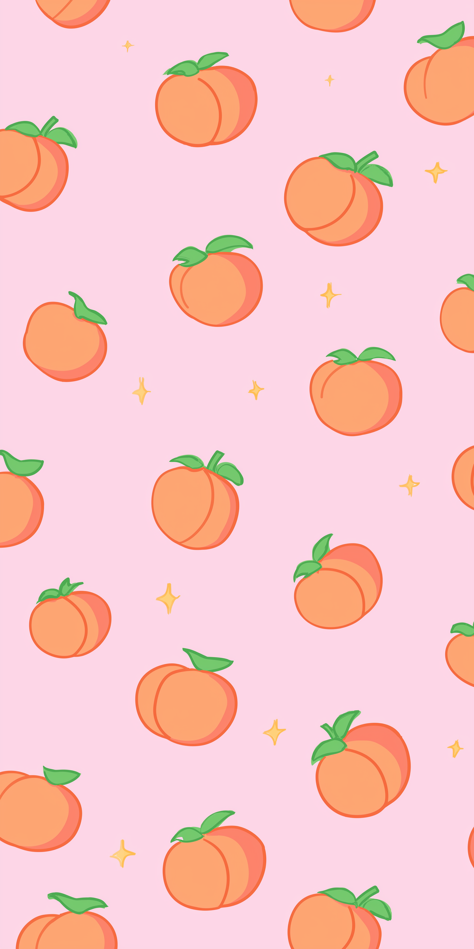 Fruit 桌布 壁紙 — 粉紅色壁紙，圖案為可愛卡通桃子和細小黃星。