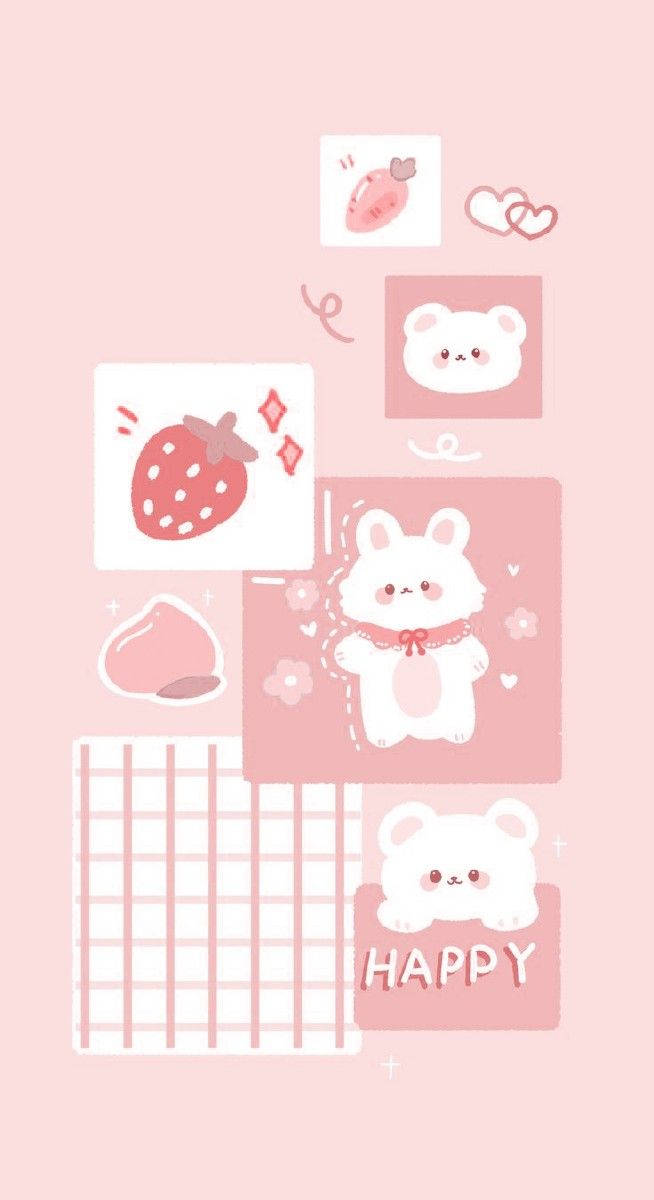 Pink Kawaii 桌布 壁紙 — 粉紅色壁紙，帶有可愛卡通熊、草莓和心形，以有趣的拼貼風格排列。