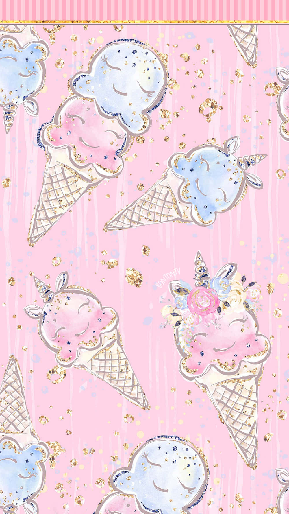 Unicorn Aesthetic 桌布 壁紙 — 粉紅色壁紙，帶有微笑獨角獸冰淇淋甜筒和金色亮片雨滴。
