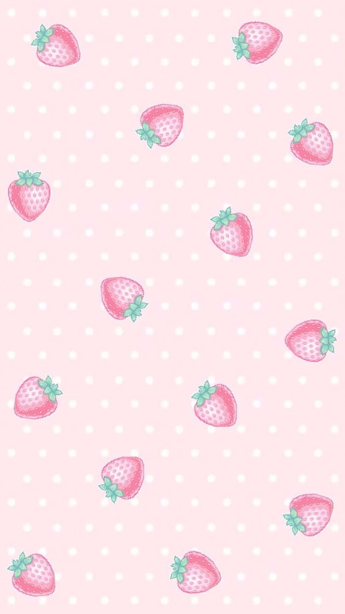 Strawberry 桌布 壁紙 — 粉紅色壁紙，柔和的粉彩背景上散落著草莓和白色圓點。