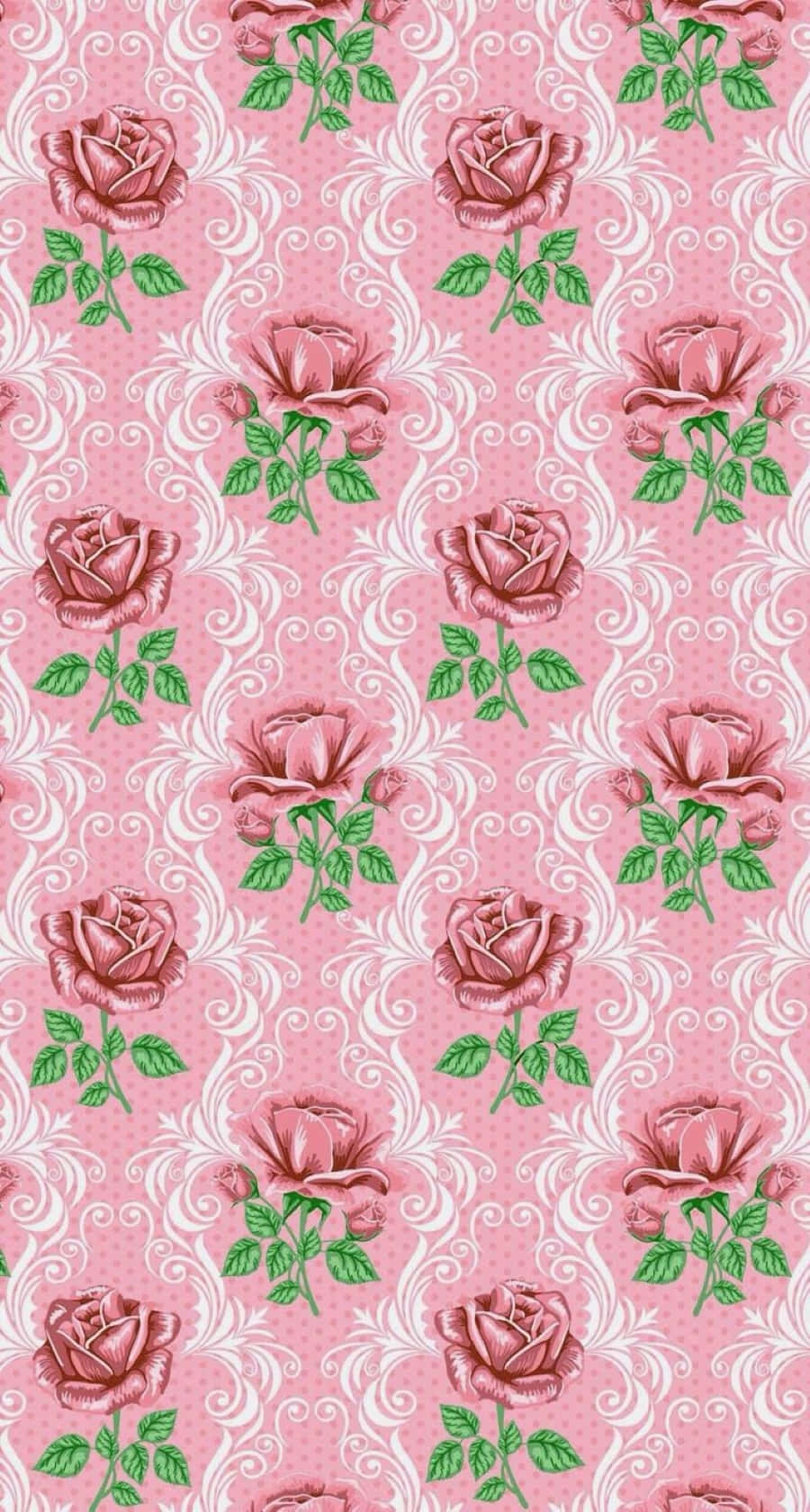Rose Pattern 桌布 壁紙 — 粉紅色壁紙，重複玫瑰圖案和白色漩渦，背景為圓點。
