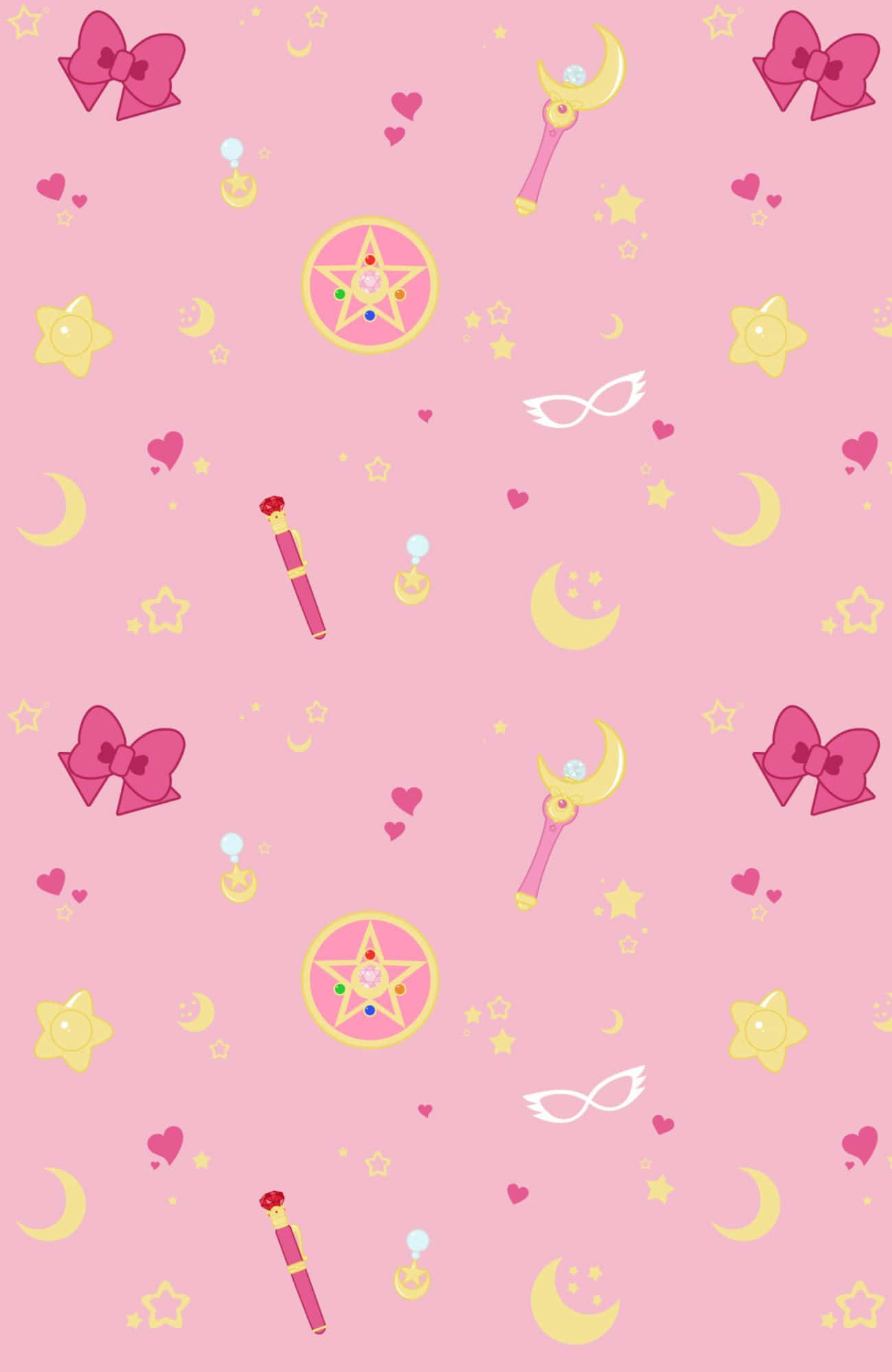 Sailor Moon Pattern 桌布 壁紙 — 粉紅色壁紙圖案，上面散落著魔法棒、蝴蝶結、星星和新月，背景是柔和的粉彩色。