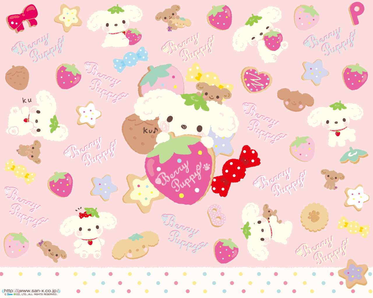Cute Sanrio 桌布 壁紙 — 粉紅色壁紙圖案，上面有可愛的白色小狗角色拿著草莓和餅乾，並散落著蝴蝶結和星星。