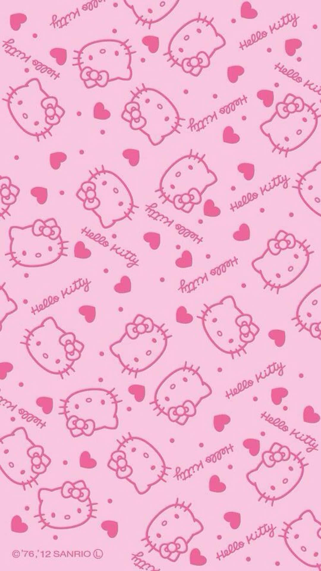 Hello Kitty 桌布 壁紙 — 粉紅色壁紙圖案，在柔和粉紅色背景上重複出現Hello Kitty面孔、心形和文字。