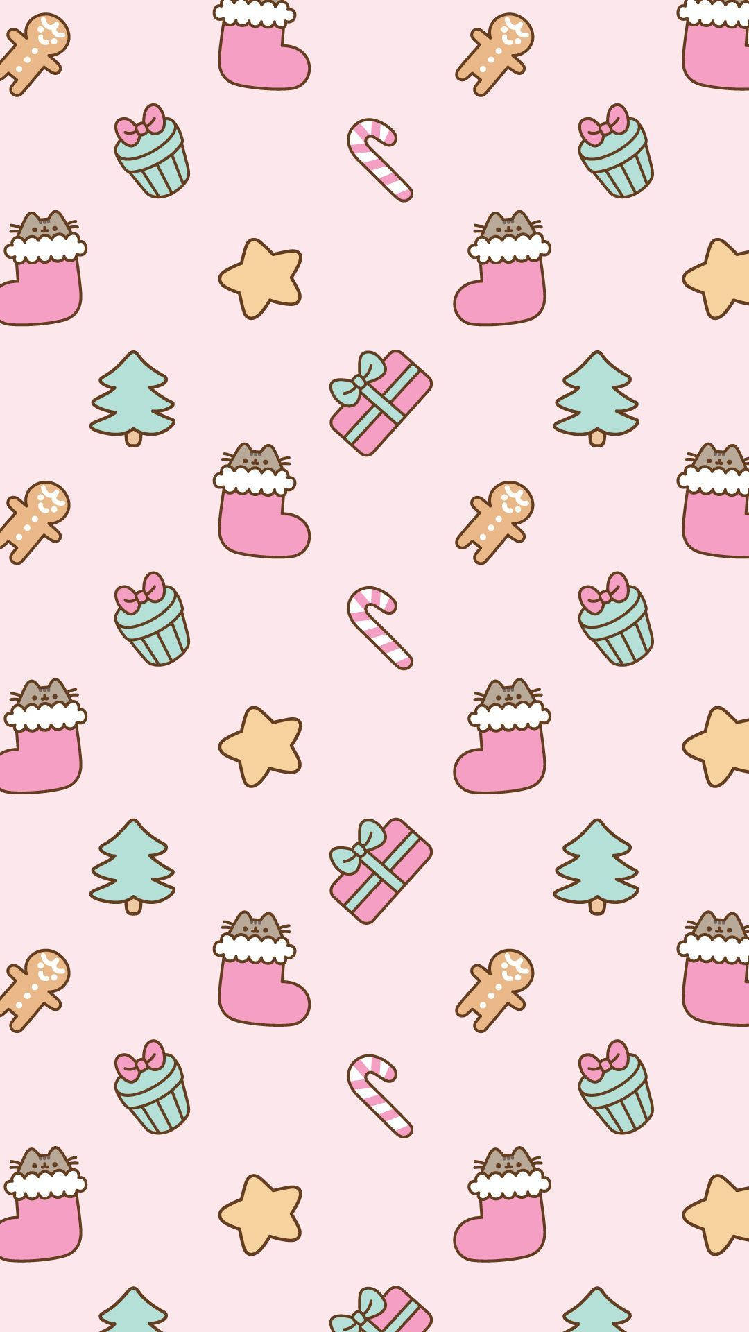 Kawaii Christmas 桌布 壁紙 — 粉紅色壁紙圖案，有可愛的Pusheen貓穿著長襪，還有薑餅人、杯子蛋糕、拐杖糖和星星。