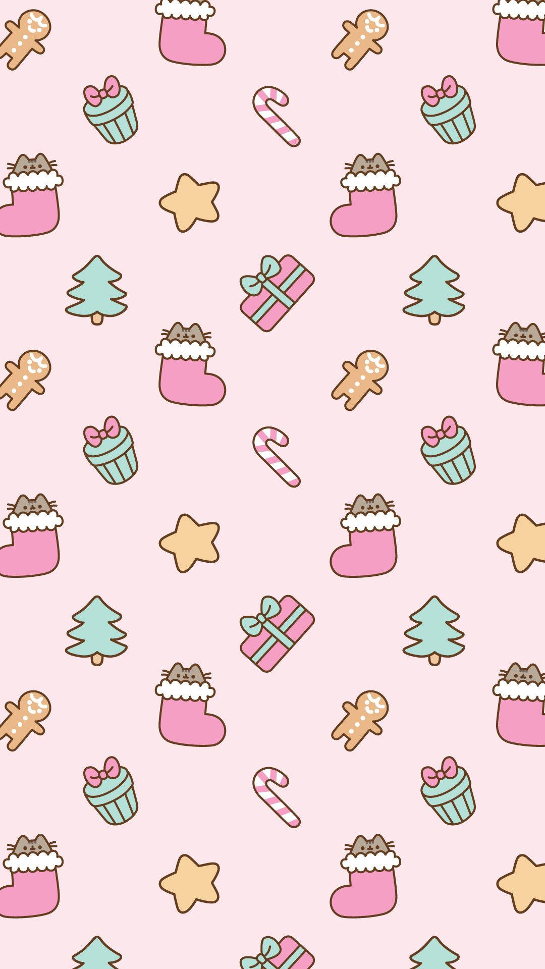 pusheen 動圖 桌布 壁紙 — 粉紅色壁紙圖案，有可愛的Pusheen貓咪穿著襪子，還有薑餅人、杯子蛋糕、糖果手杖和星星。