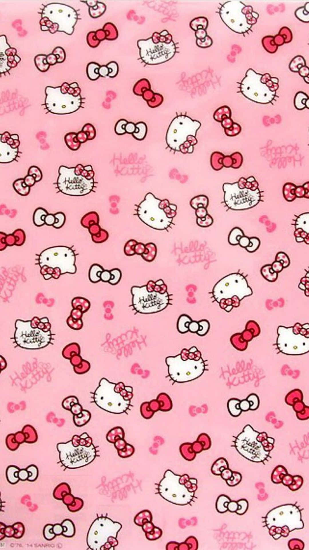 Kawaii Hello Kitty 桌布 壁紙 — 粉紅色壁紙圖案，重複出現Hello Kitty面孔、紅色蝴蝶結和草書文字，設計活潑散落。