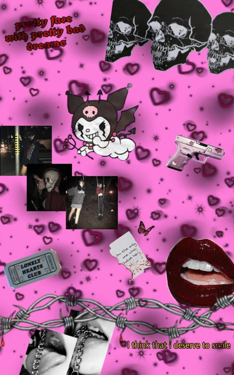 Grunge Emo Aesthetic 桌布 壁紙 — 粉紅色壁紙拼貼，包含骷髏、心形、鐵絲網及流行文化圖像，帶有暗黑浪漫主題。